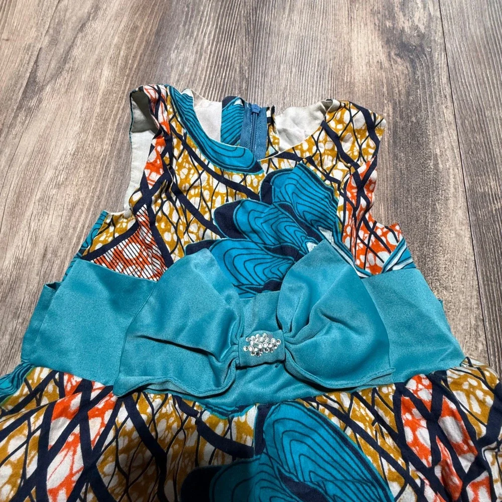 Handmade Toddler Girls African Print Tiered Party Dress Size 3T Teal Boho Bow